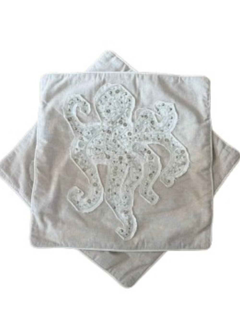 Pier 1 Beaded Octopus Appliqué Throw Pillow Covers Set (2) Coastal Neutral 18x18